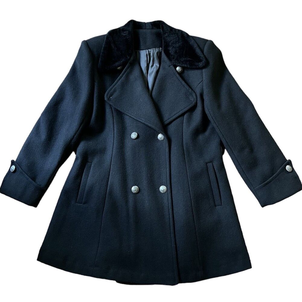 VTG ANNEX Women’s Wool Peacoat w/ Faux Fur Collar Black Size P/S Made In Canada